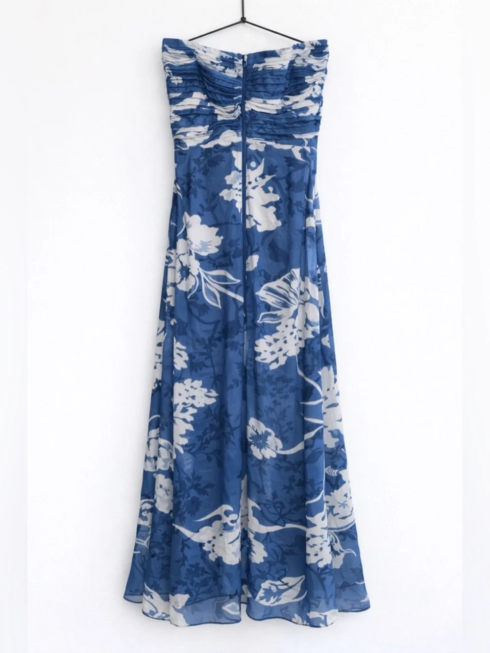 Tadashi Shoji Silk Strapless Floral Midi Dress Blue Pleated Formal 4 - Picture 4 of 13